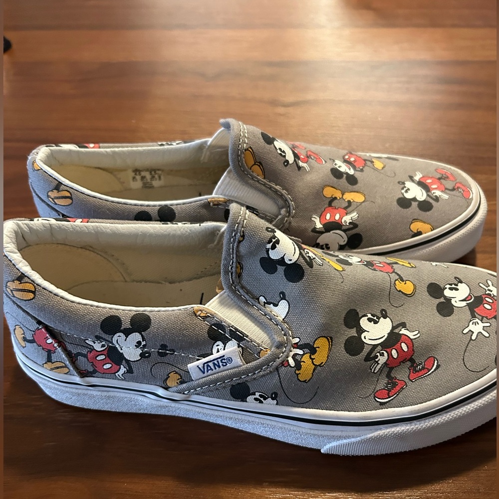 Vans Gray Slip-On Sneakers with Red & Yellow Mickey Pattern